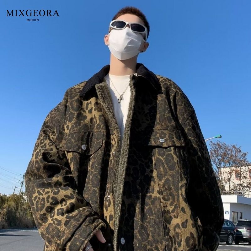 MIX GEORA美式復古兩面穿豹紋棉服男款冬季外套潮羊羔毛棉衣夾克