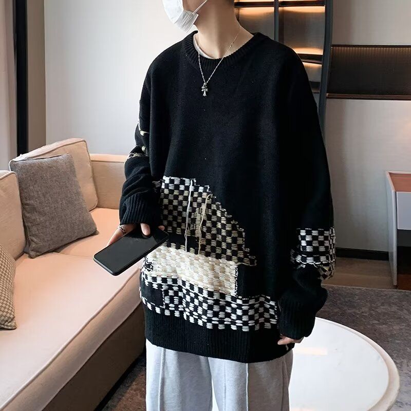 Tassel design plaid sweater for men and women, soft and waxy autumn and winter coat, lazy and loose ins student versatile sweater