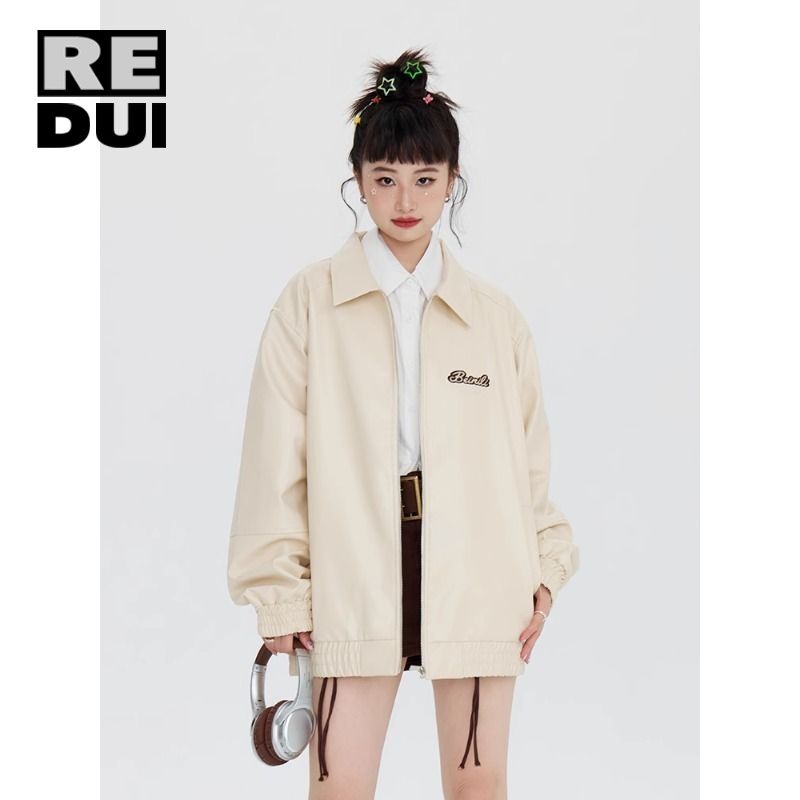 美式復古純色PU皮衣外套男女款潮牌學院風高級感寬鬆百搭情侶夾克