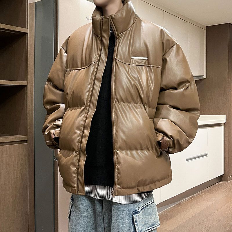 Brown stand collar PU leather cotton coat men's winter thickened trendy brand warm cotton coat American high street vibe cotton jacket