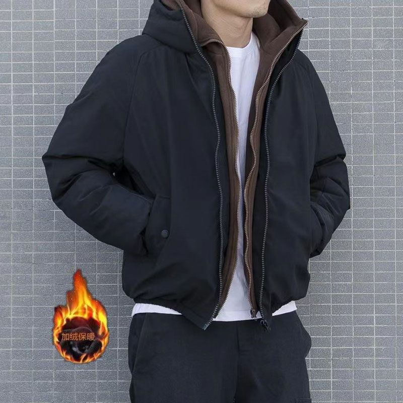 Winter new Japanese retro cotton coat men's fashion trend hooded plus velvet warm fake two-piece set thickened jacket