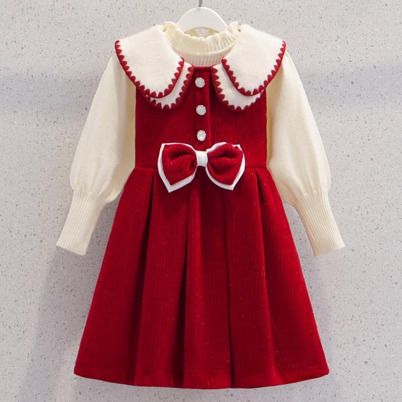 Older girl autumn and winter vest dress suit  winter new little girl pink dress New Year's greetings two-piece set