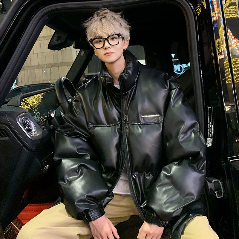 Korean version PU leather cotton coat men's winter heavy retro thickened warm couple coat high street trendy brand stand-up collar bread coat