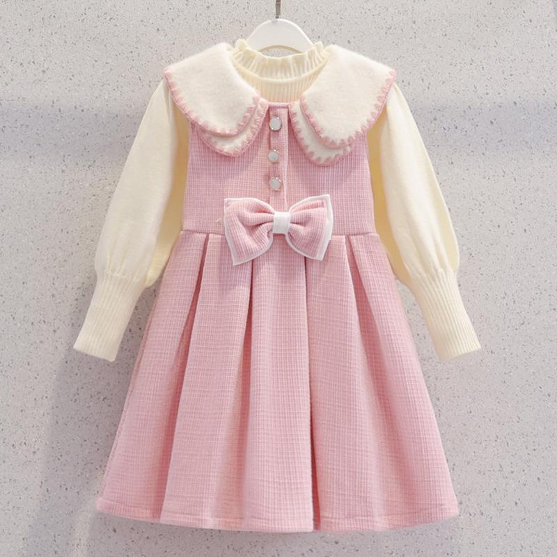 Older girl autumn and winter vest dress suit  winter new little girl pink dress New Year's greetings two-piece set