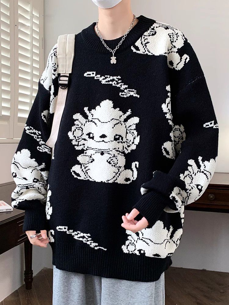 紅色本命年毛衣男女2024秋冬新款加厚保暖衣服圓領潮牌龍年針織衫