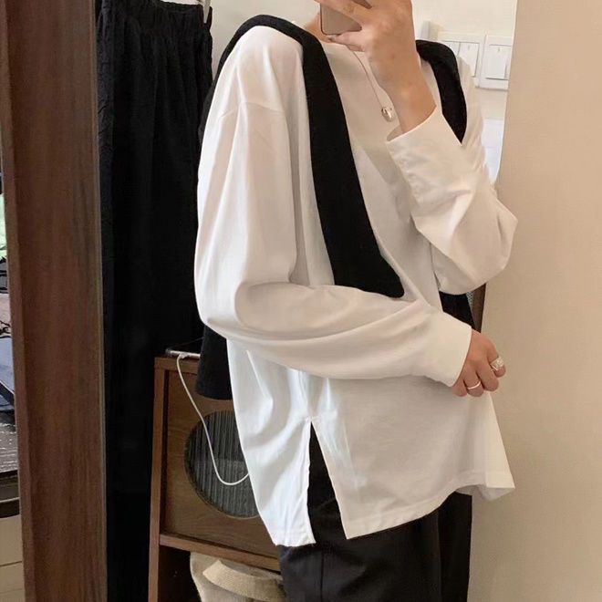 100%純棉2023秋季新款白色長袖t恤女學生韓版寬鬆打底衫上衣ins潮