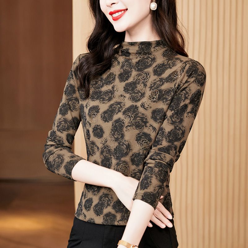 打底衫女長袖2024春秋新款內搭洋氣印花加絨高級感歐貨網紗上衣厚