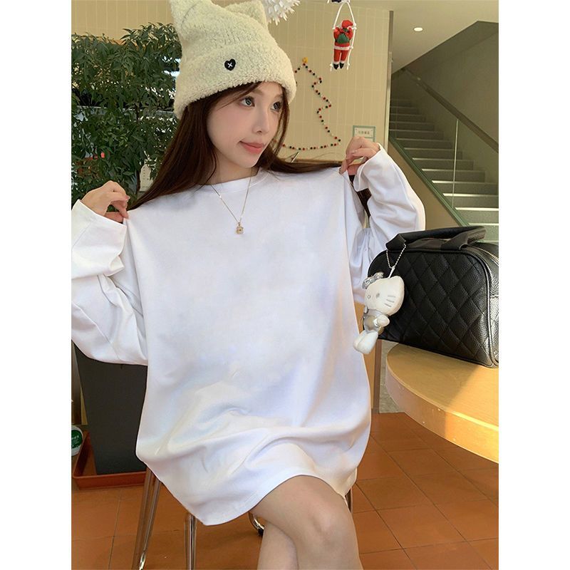 100%純棉白色長袖t恤女春秋新款打底衫寬鬆內搭疊穿上衣純色ins潮