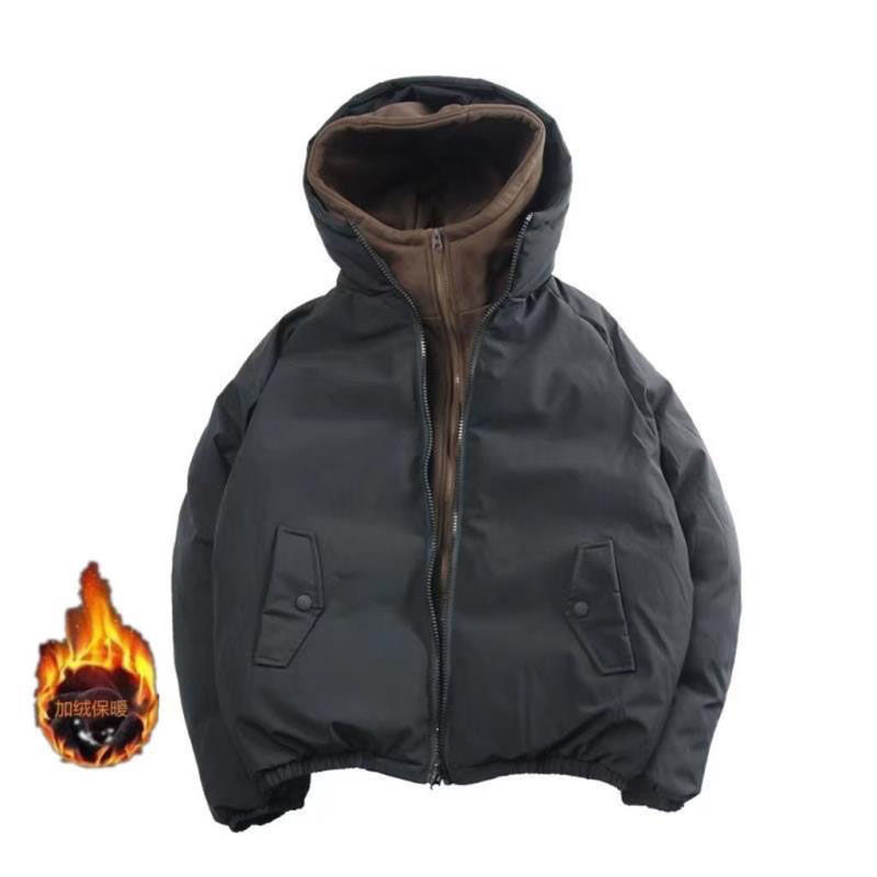 Winter new Japanese retro cotton coat men's fashion trend hooded plus velvet warm fake two-piece set thickened jacket