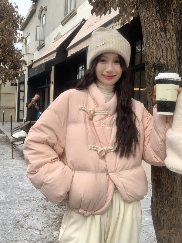 新中式粉色短款棉服女冬季爆款新款網紅時尚潮流牛角扣棉服外套冬