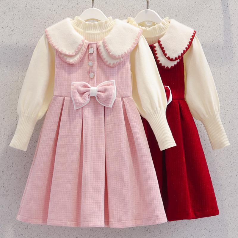 Older girl autumn and winter vest dress suit  winter new little girl pink dress New Year's greetings two-piece set