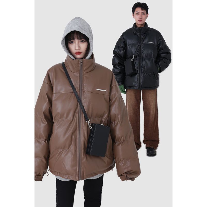 PU leather stand-up collar cotton jacket for men in winter new style national fashion chic label versatile cotton jacket warm casual cotton jacket