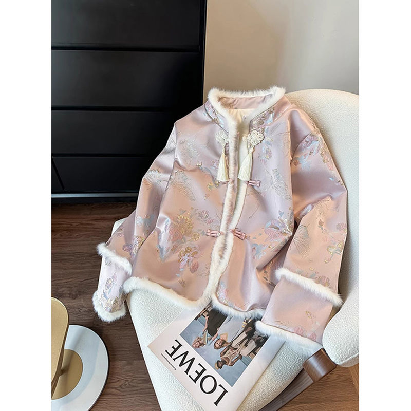 粉色新中式羽絨棉服女冬夾棉復古唐裝國風盤扣刺繡毛領花棉襖外套
