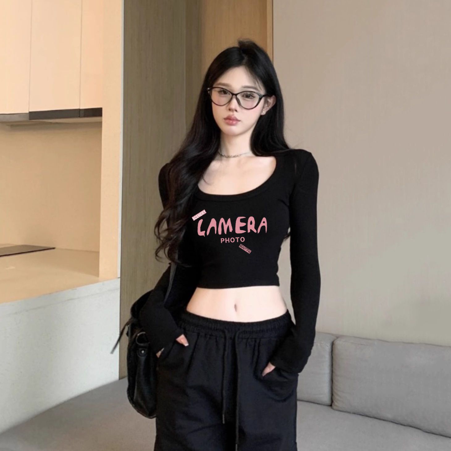 純欲風辣妹方領長袖t恤女秋季新款顯瘦設計感別致短款正肩上衣ins