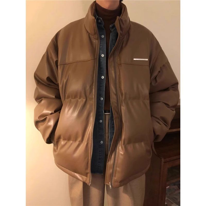 American retro high-end design metal decorated PU leather cotton jackets for men and women in winter thickened stand-up collar cotton jackets trendy