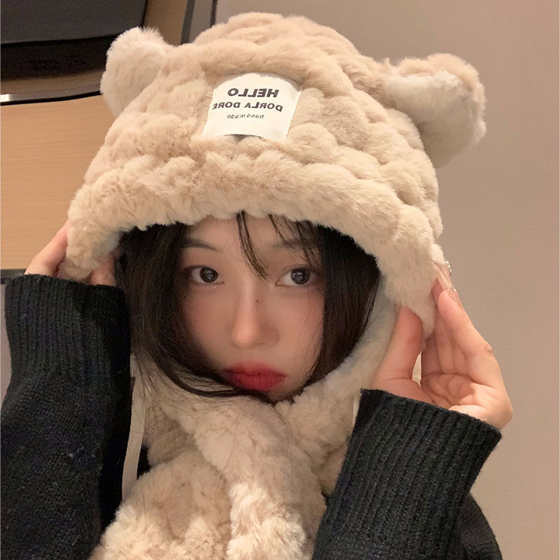 小熊毛絨帽子圍巾一體女秋冬季韓版加厚保暖護耳騎行雷鋒帽顯臉小