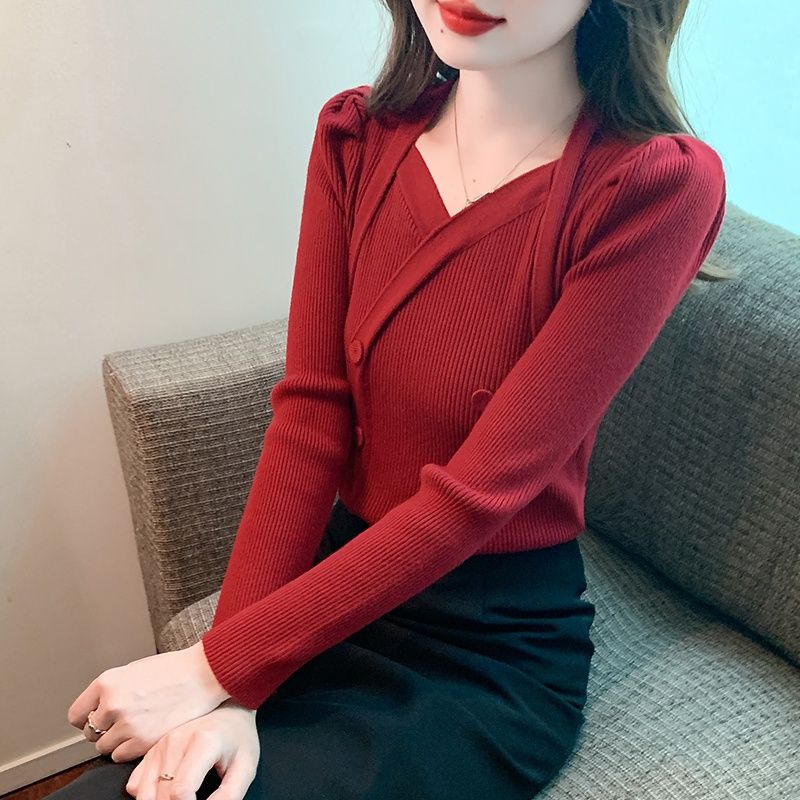 2024春季新款紅色毛衣針織衫方領套頭設計感修身顯瘦別致小眾小衫