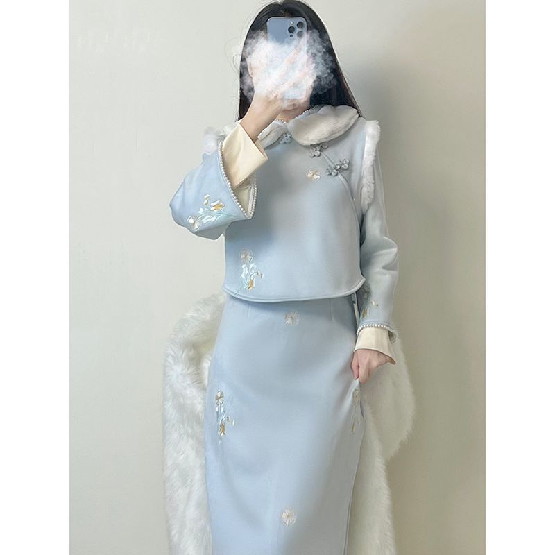 新中式加絨加厚刺繡旗袍套裝2023冬季新款少女馬甲連衣裙兩件套