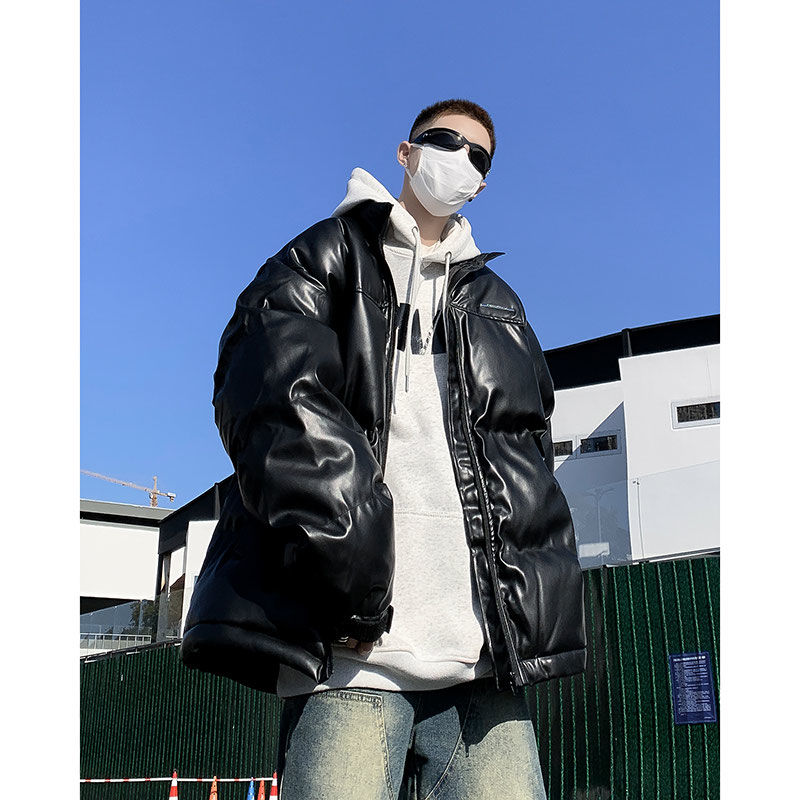 PU leather cotton jacket men's winter thickened jacket American high street vibe cotton jacket 2023 new fashion brand retro cotton jacket