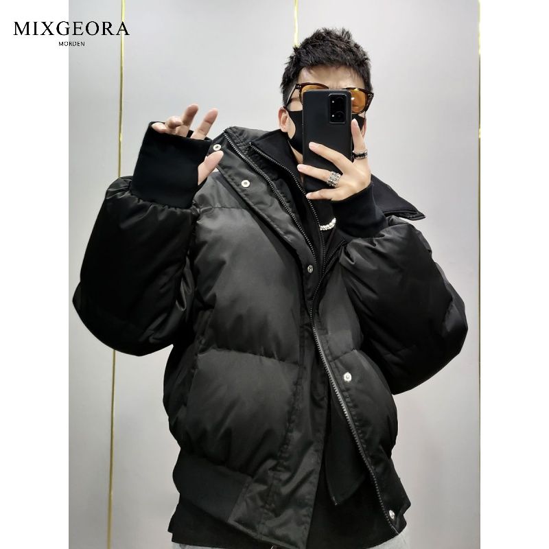 MIX GEORA冬季韩版假两件设计痞帅纯色加厚立领棉衣男士休闲外套