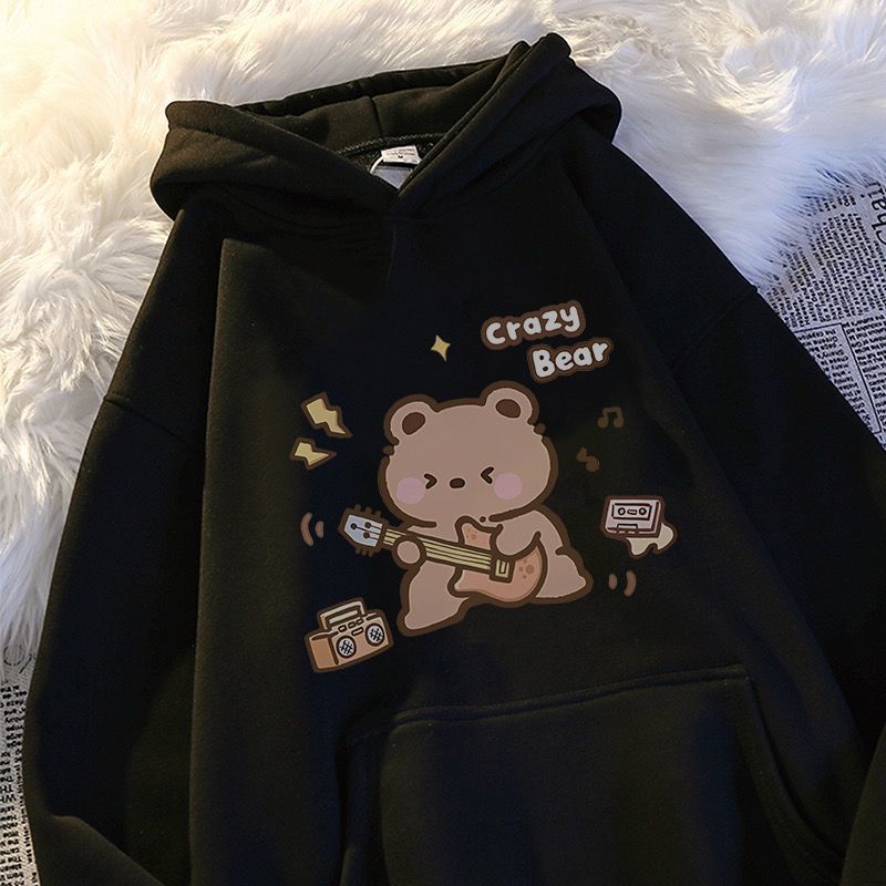American original high street cartoon bear hooded sweatshirt for men and women in autumn and winter plus velvet and thick heavyweight loose couple coat