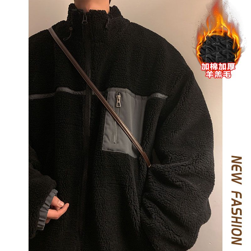 Lamb wool bomber jacket cotton coat men's autumn and winter trendy American retro cotton thickened workwear cotton coat jacket