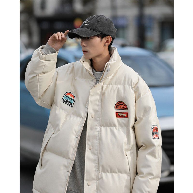 PU leather racing cotton jacket for boys winter American high street oversize niche stand-up collar bread motorcycle jacket cotton-padded jacket