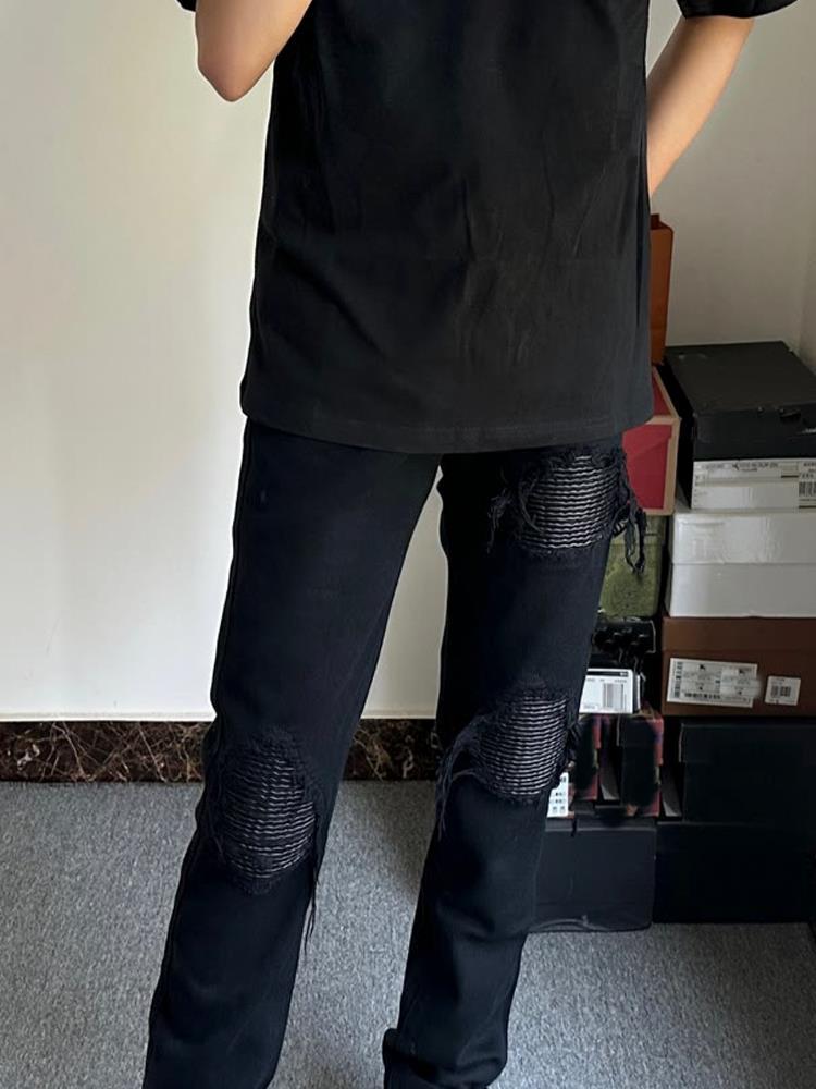 網紅高街膝蓋破洞補丁拼接牛仔褲男夏季痞帥修身黑色小腳褲長褲潮