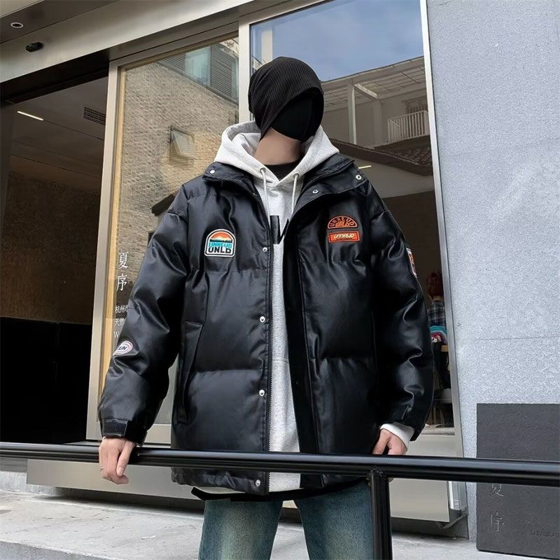American pu leather cotton coat for men in winter thickened ins trend stand collar loose cotton coat trendy brand label racing suit jacket