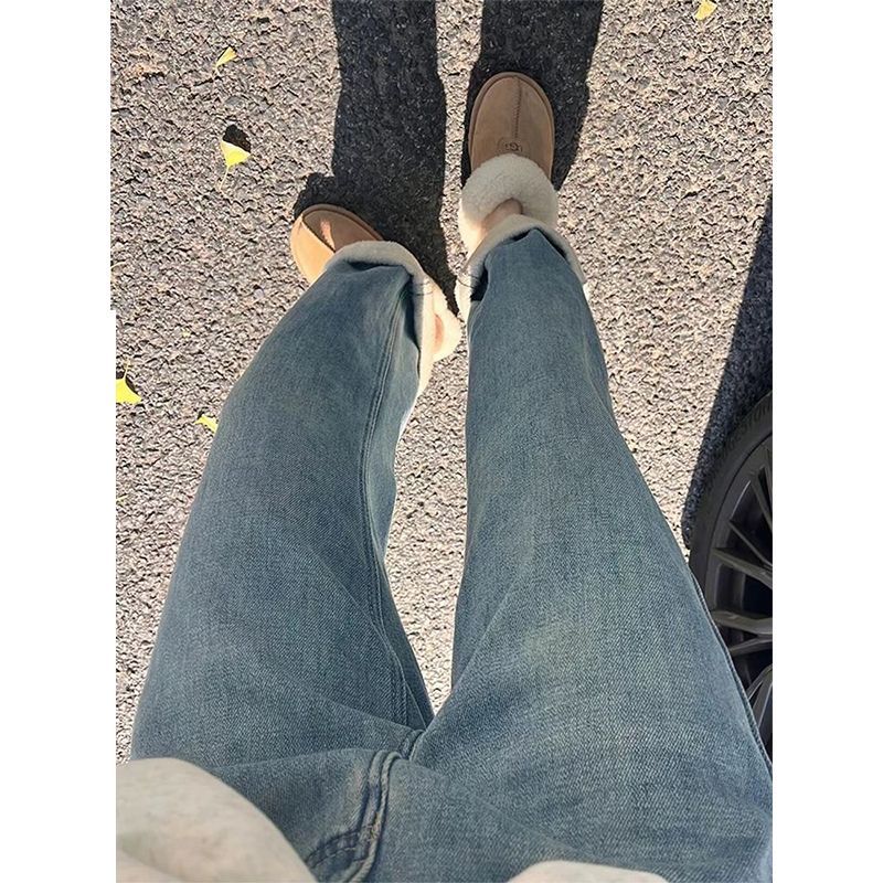 加絨加厚直筒牛仔褲女秋冬胖妹妹mm寬鬆顯瘦闊腿褲梨形身材褲