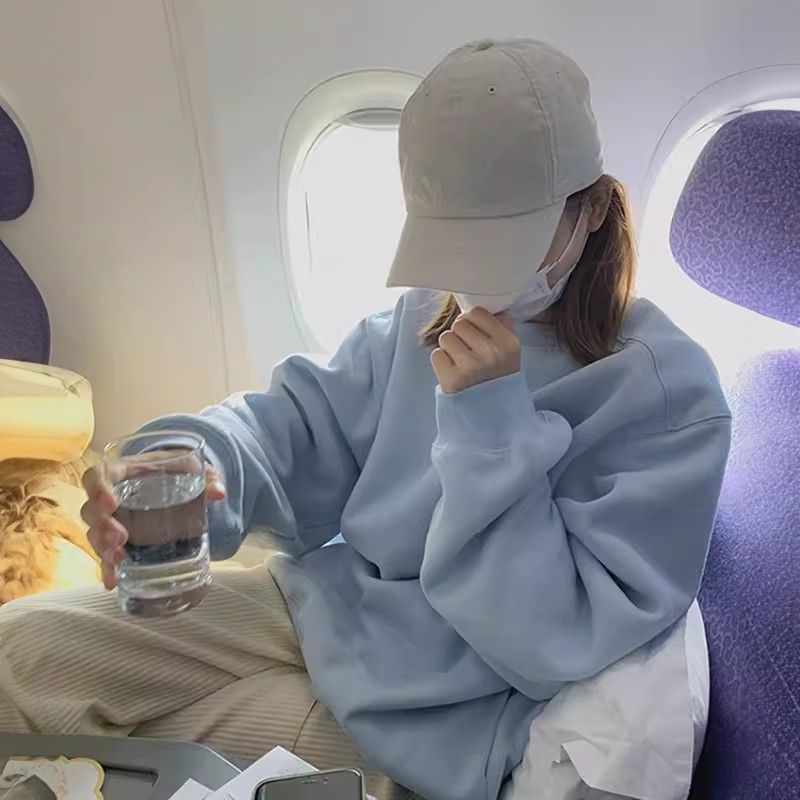 重磅純棉銀狐絨日系純色套頭圓領衛衣女秋冬寬鬆慵懶風百搭上衣女