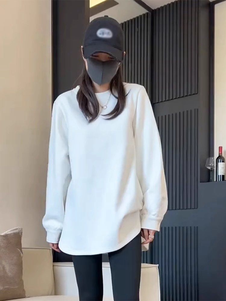 韓版白色加絨圓領長袖卡通刺繡衛衣女秋冬新款寬鬆百搭加厚打底衫