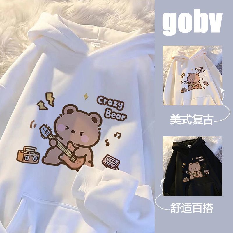 American original high street cartoon bear hooded sweatshirt for men and women in autumn and winter plus velvet and thick heavyweight loose couple coat