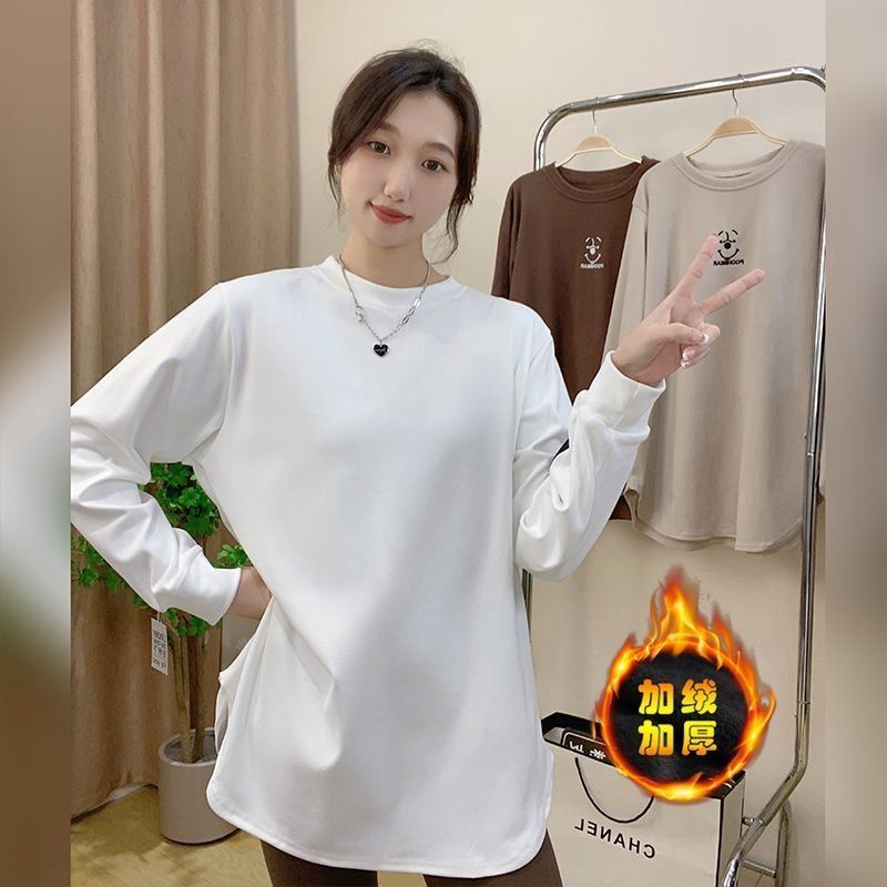 德絨保暖磨毛打底衫女秋冬季ins設計感內搭中長款寬鬆上衣長袖T恤