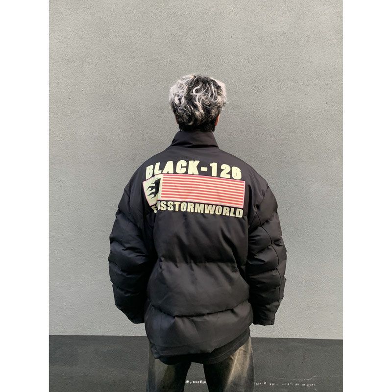Winter American retro flag print loose stand-up collar black bread coat thickened warm cotton coat men's cotton-padded jacket