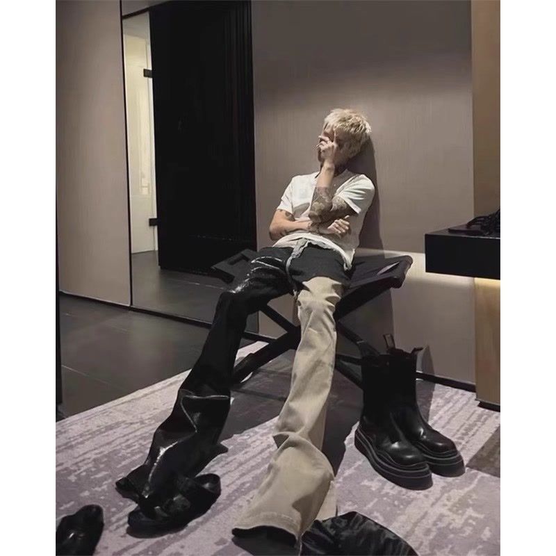 美式RO風格水洗拼接塗層刷蠟牛仔褲高街vibe微喇男女百搭拖地長褲