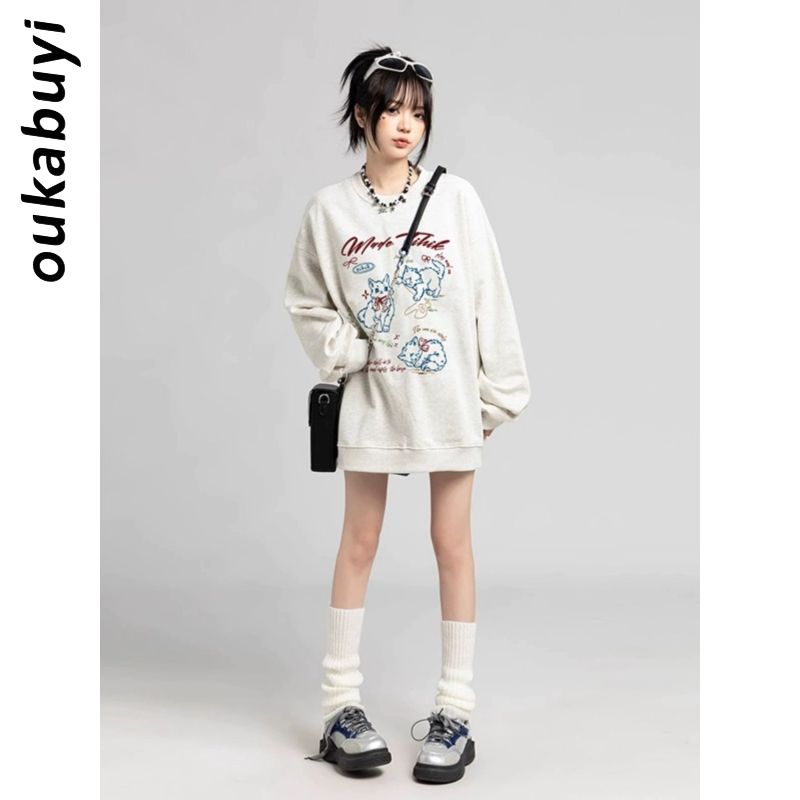 OUKABUYI450G重磅銀狐絨純棉圓領衛衣女街頭卡通甜美趣味寬鬆上衣