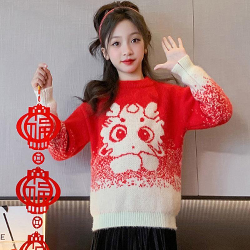 女童毛衣喜庆红色洋气新年装拜年服中国风元旦本命年打底龙年12岁