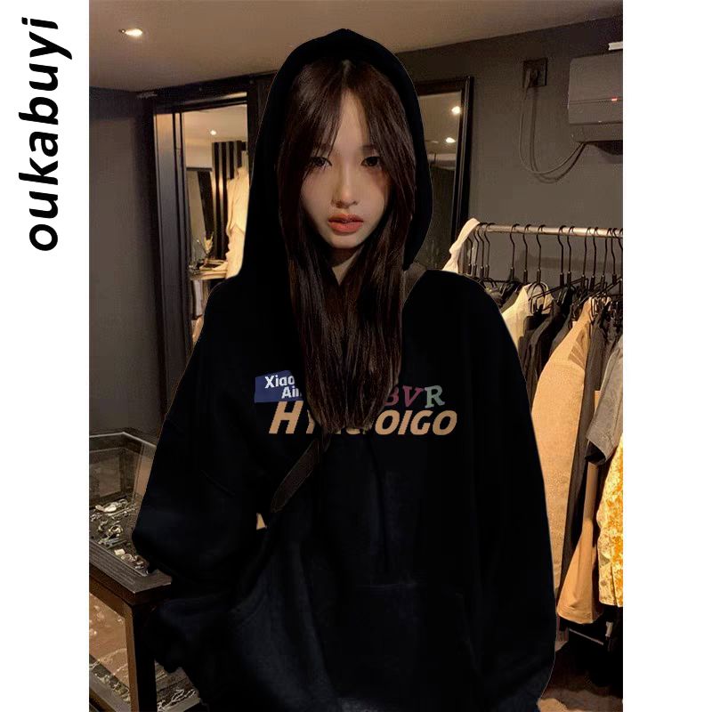 OUKABUYI450G重磅銀狐絨純棉連帽衛衣女街頭原宿字母學生百搭上衣