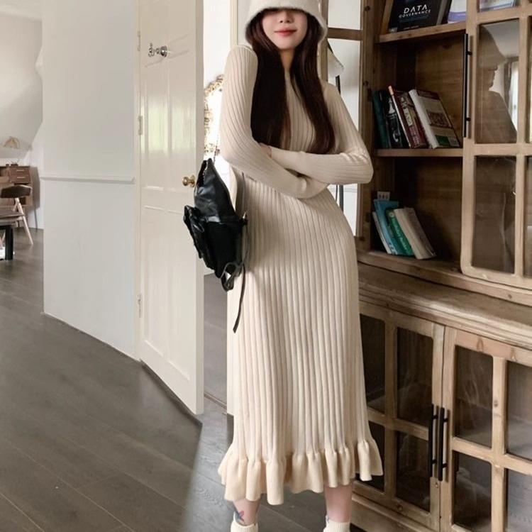 XJ家加厚版長袖修身針織打底連衣裙女2023秋季新款針織魚尾裙溫