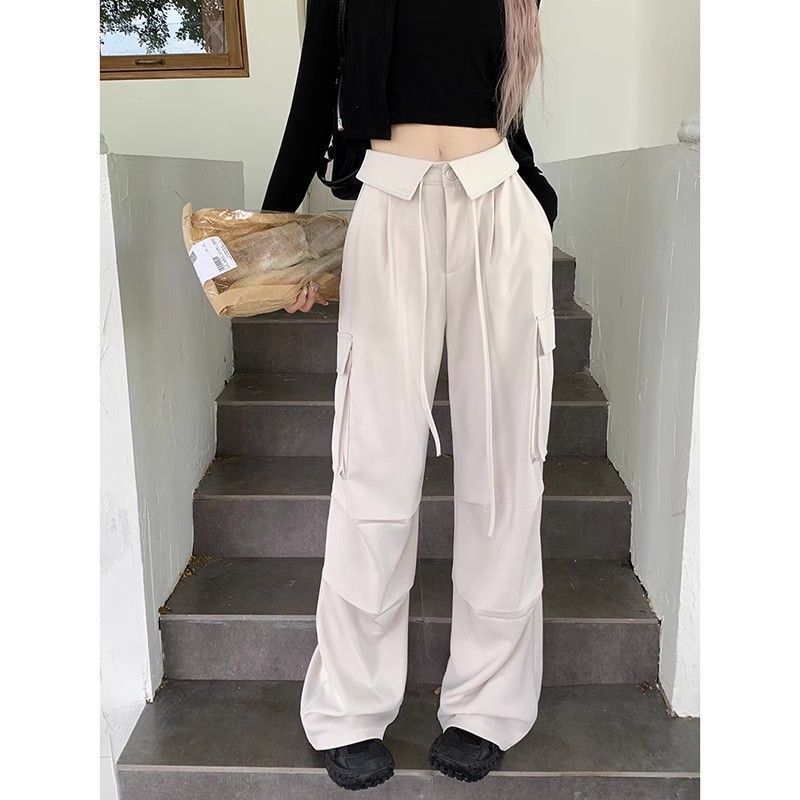 American retro overalls for women in autumn new design multi-pocket loose high-waisted casual floor-length wide-leg pants