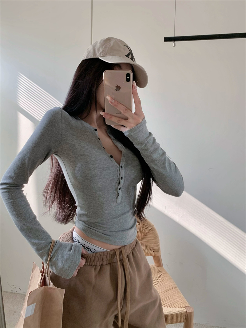 修身彈力長袖正肩T恤女秋冬季絕美顯身材內搭打底衫灰色緊身上衣