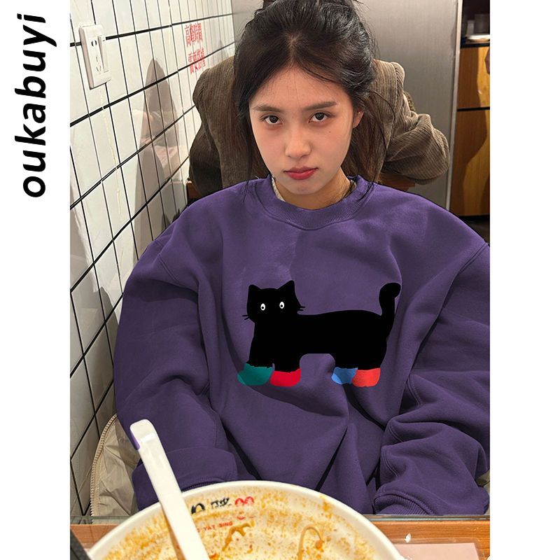 OUKABUYI450G重磅銀狐絨純棉圓領衛衣女秋冬街頭個性小眾保暖上衣