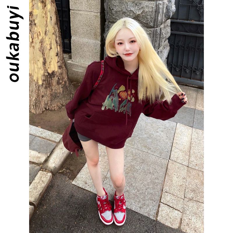 OUKABUYI450G重磅銀狐絨純棉連帽衛衣女校園風做舊不起球百搭上衣
