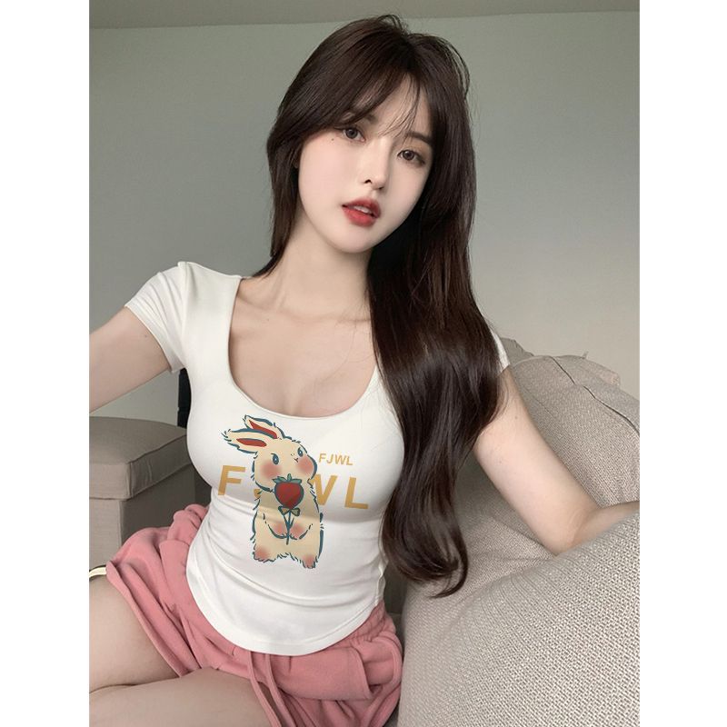 純欲風方領短袖t恤女夏季辣妹法式短款多巴胺穿搭修身顯瘦上衣女