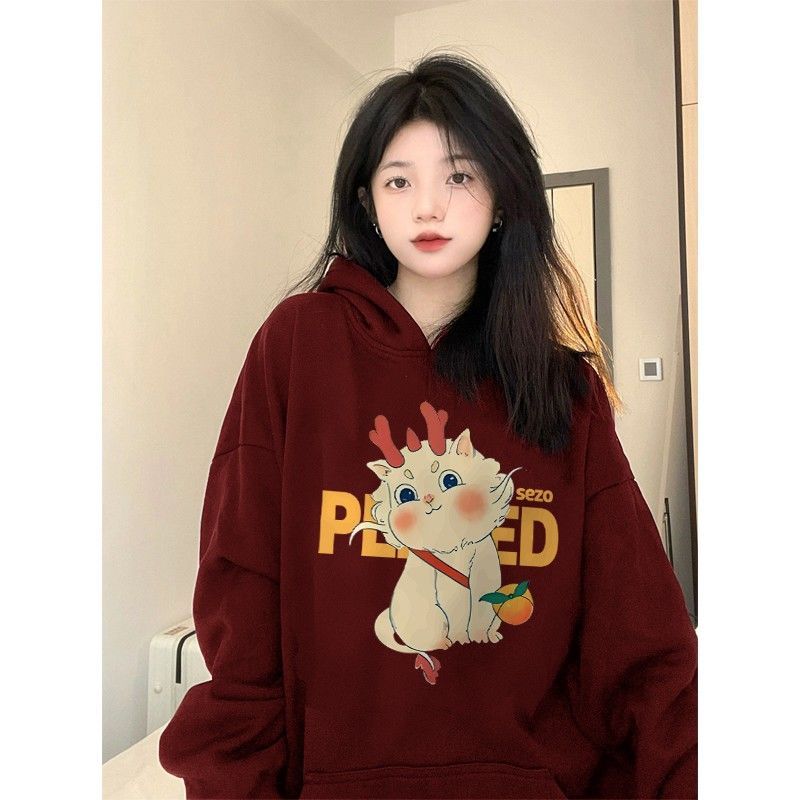Heavyweight pure cotton silver fox velvet American retro cute cartoon hooded sweatshirt for women autumn and winter loose lazy style top for women