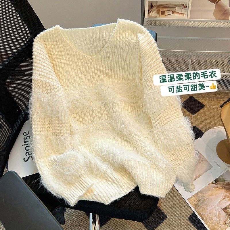 2023秋冬新款馬海毛慵懶風毛衣寬鬆洋氣別致上衣V領百搭針織衫女