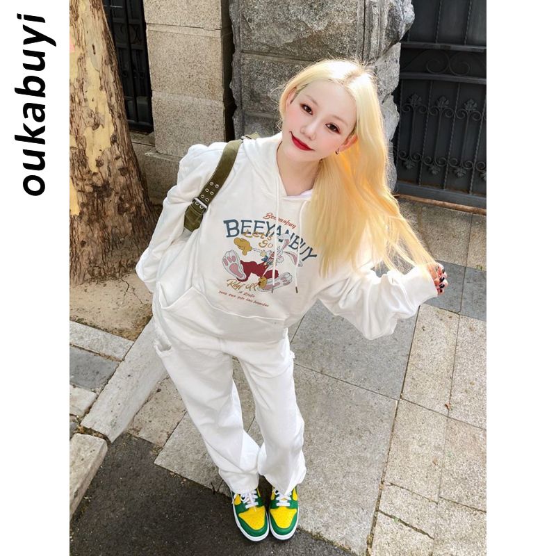 OUKABUYI450G重磅銀狐絨純棉連帽衛衣女高街卡通美拉德舒適上衣潮
