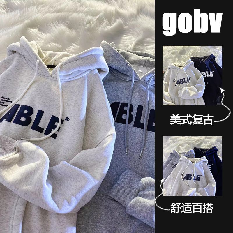 American original high street trendy letter hooded sweatshirt for men and women in autumn and winter plus velvet heavy cotton loose couple coat