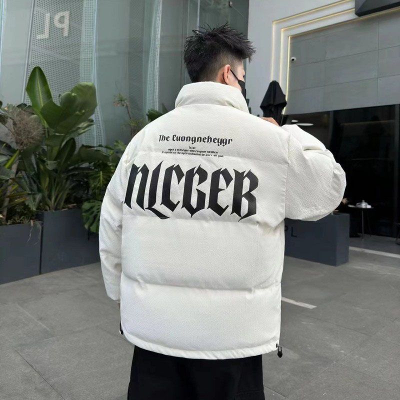 Korean style trendy PU leather letters short cotton jacket for men with stand collar loose thickened niche warm bread jacket trendy brand jacket